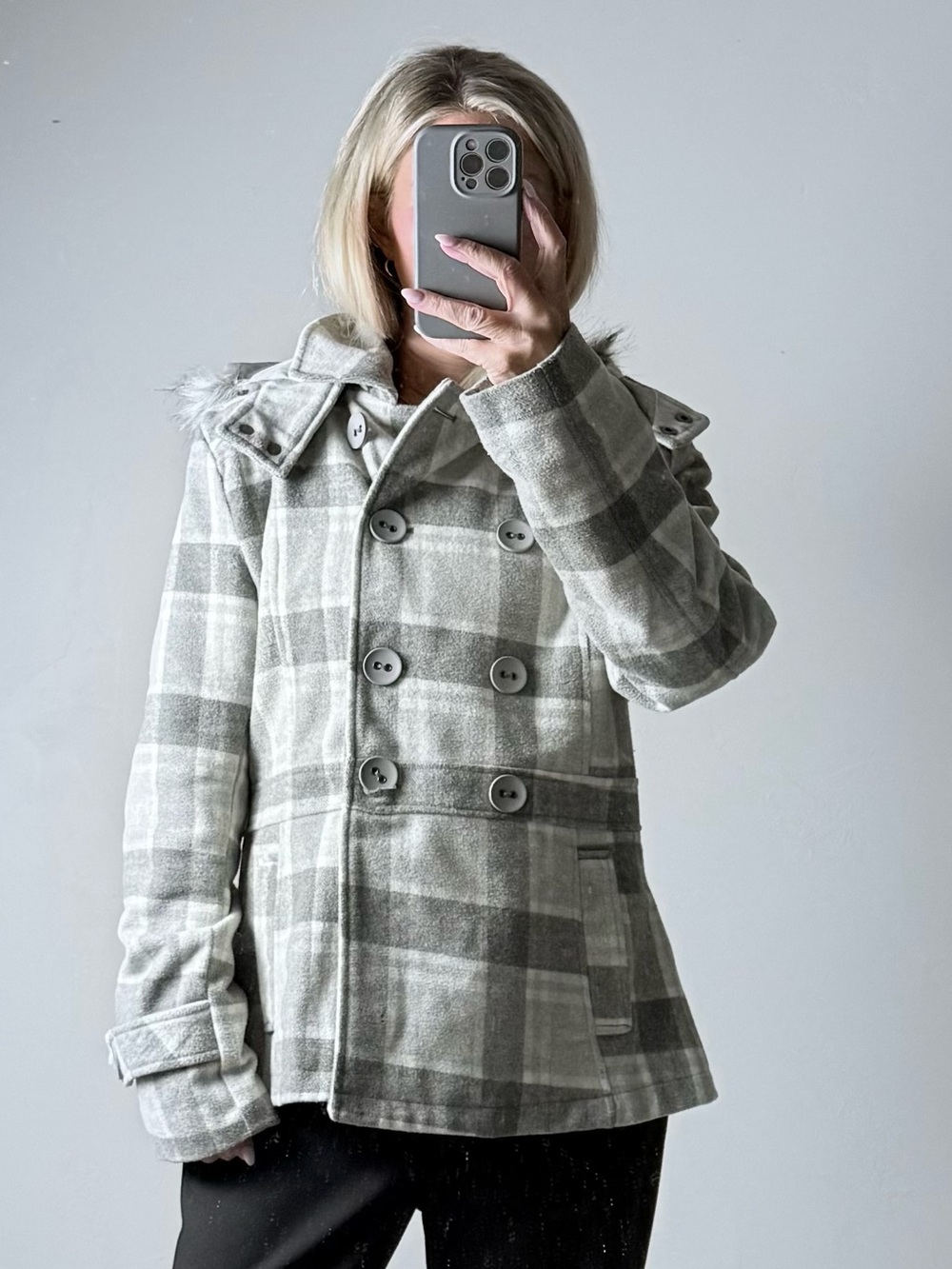 Vintage YMI Gray Plaid Double-Breasted Peacoat with faux fur trimmed hood